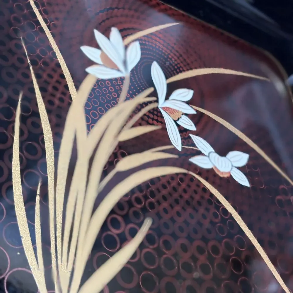 Vintage Japanese Lacquerware Tray Black Gold Iris Orchid Floral MCM Bar Vanity
